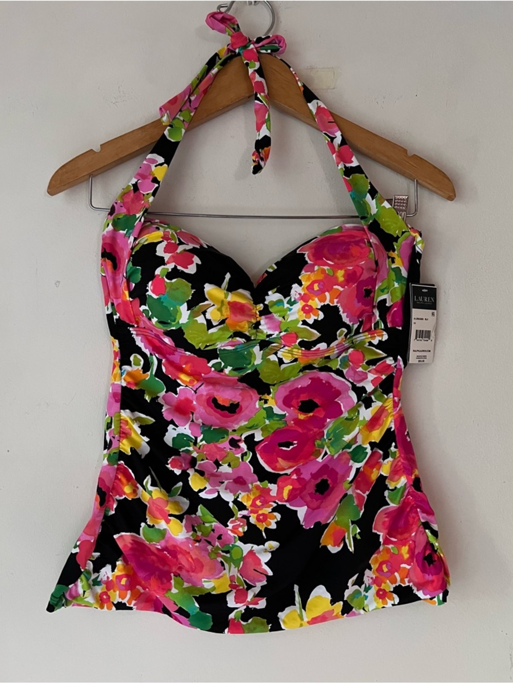NWT Lauren Ralph Lauren Black Floral Halter Swim Top Sz 10